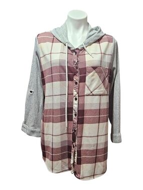 Plaid Hooded Button-Up Sweatshirt Top in Mauve and Gray